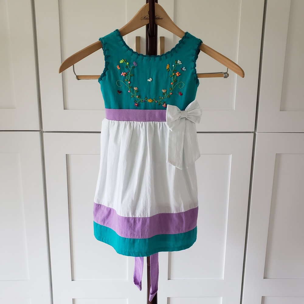 Artisan Dress Girls 2T Embroidered Teal White Purple Private Label by Konetl